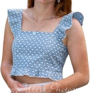 Blue Ruffle Adjustable Fit Tie Back Blue White Crop Small